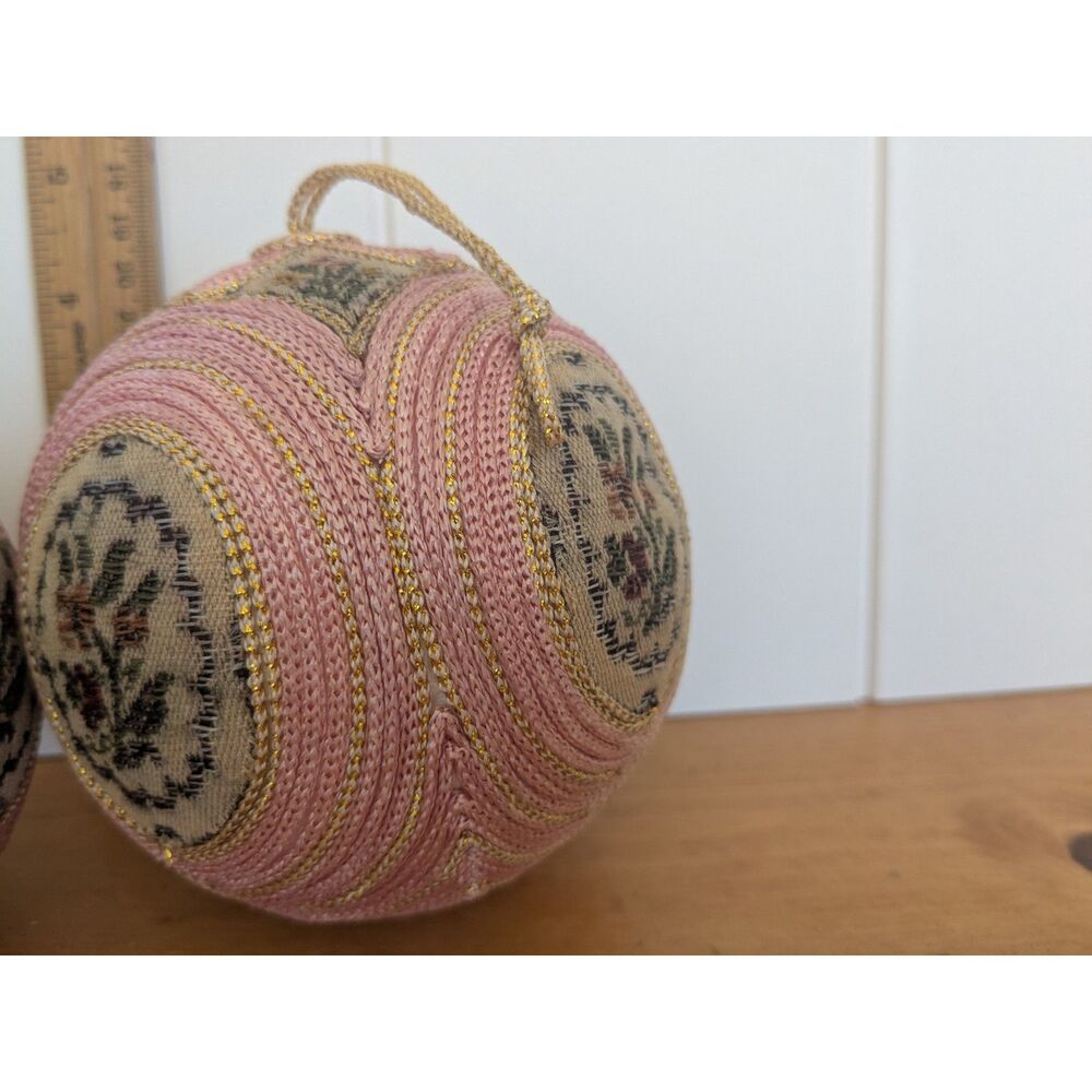 Vintage Embroidered Christmas Ball Ornaments - Needlepoint - Pink, Floral - Picture 2 of 6
